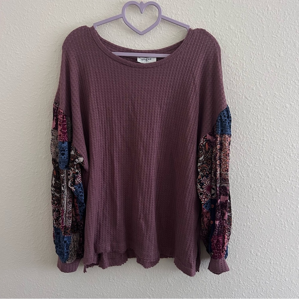 Umgee Top S Small Boho Floral Waffle